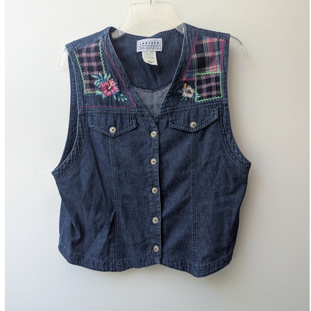 Jantzen Vest Vtg Blue Denim Plaid Patchwork Floral Embroidered Sz M Cottagecore